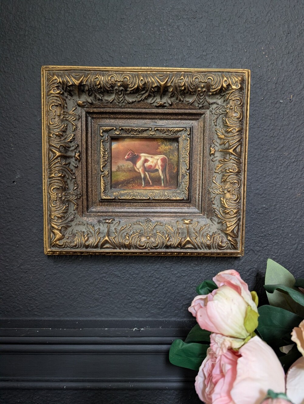 Vintage, Miniature Hand painted Oil Painting,  Thick Gold Black Ornate Frame, 10